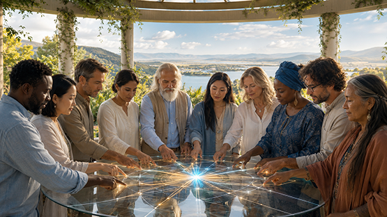 Diverse Human Beings impartially examining clear Evidence converging into one blue-and-gold point of Truth