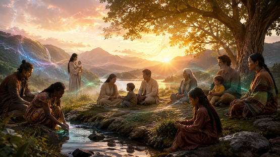 Diverse Humanity gathered in nature in peaceful alignment with the Earth
