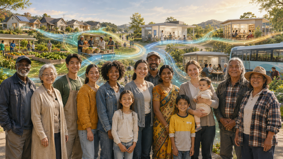 Diverse Human Beings within a peaceful community connected through systems serving Humanity