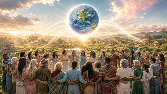Humanity standing shoulder to shoulder around a flourishing world beneath the illuminated Earth