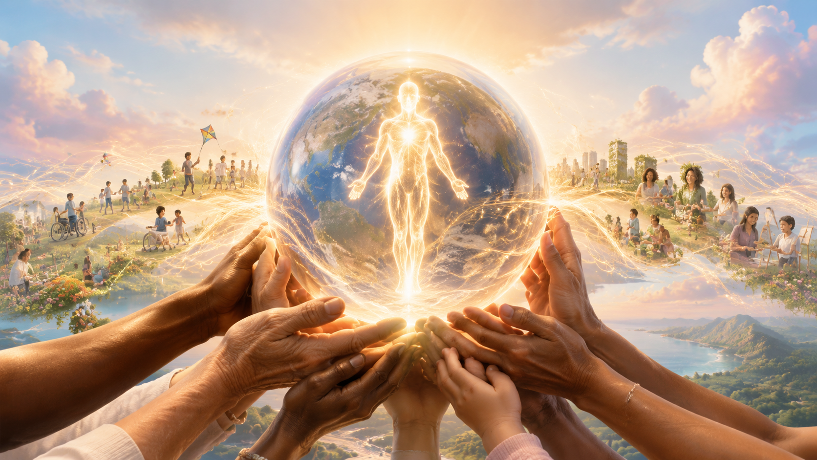 Diverse Human hands supporting the illuminated Earth and the Intrinsic Value of Human Life