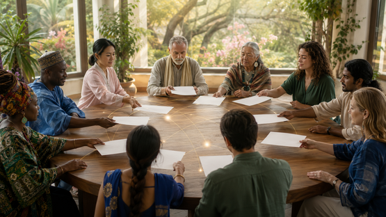 Diverse Human Beings sharing public notices around a round community table